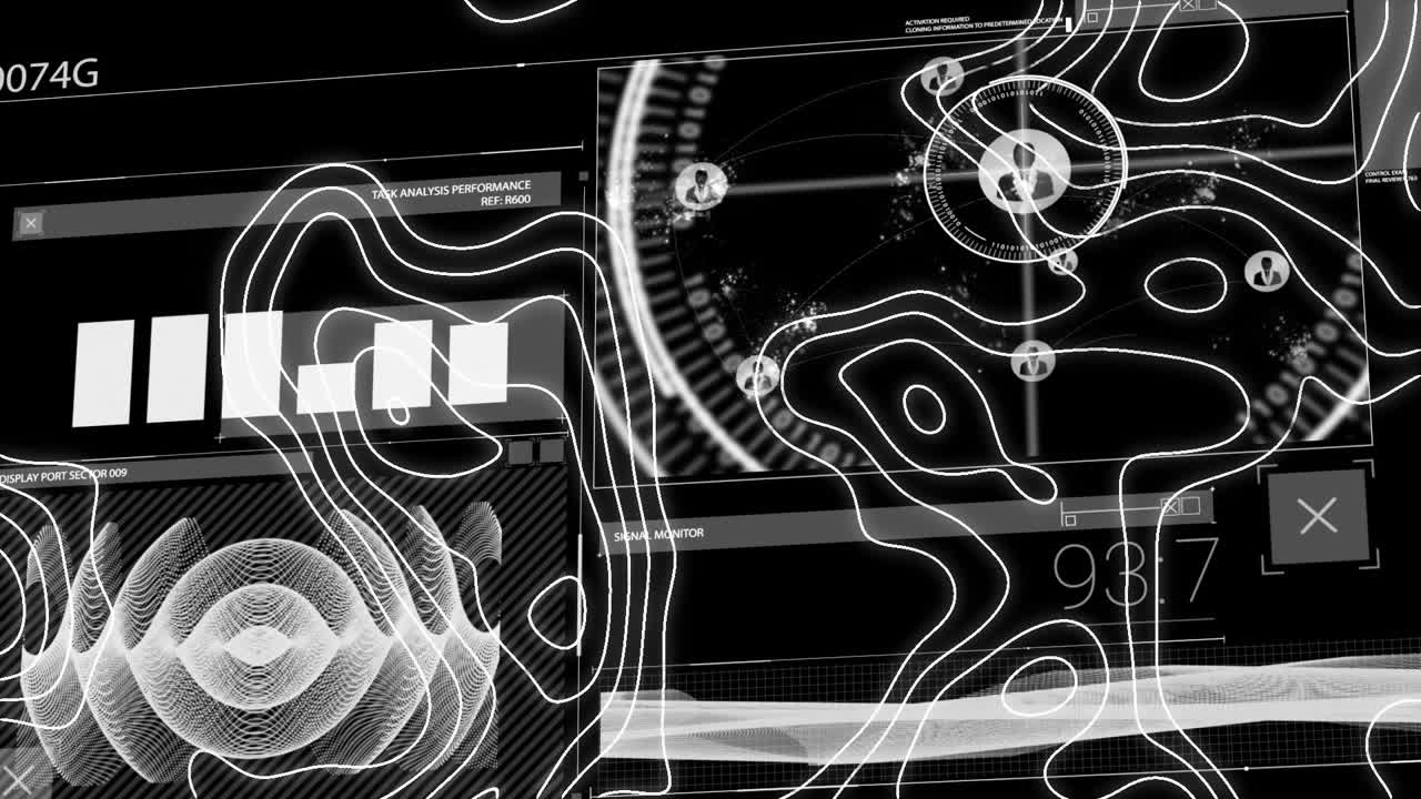 Abstract lines and data processing animation over digital interface elements