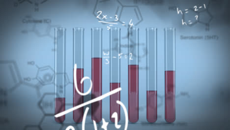 animation of chemical compound structures against laboratory test tubes with red liquid