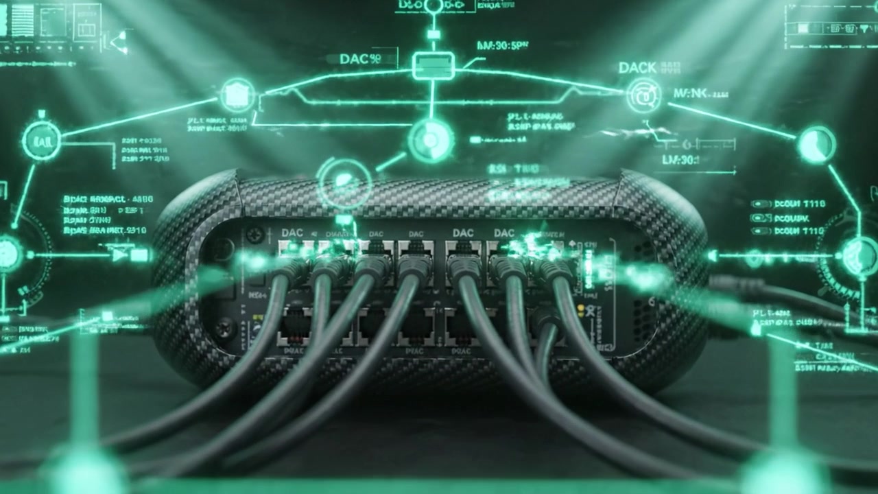 A sleek, high-tech audio interface featuring multiple ports and cables, illuminated with dramatic lighting, showcasing its modern design and functionality.
