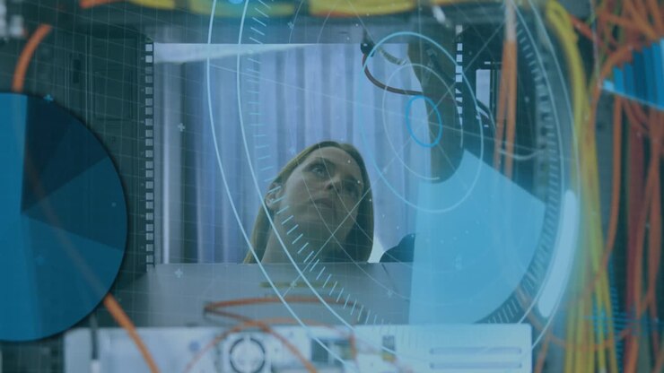 Animation of interface with data processing over caucasian female engineer working at server room