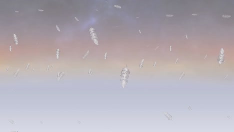 animación de plumas de pájaros blancos cayendo sobre el fondo nublado del atardecer