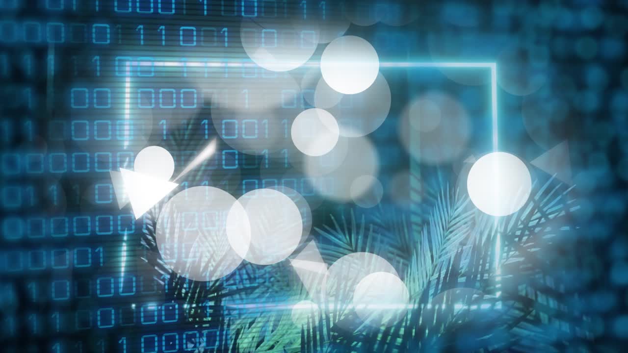 Scrolling binary digits causing pale-blue frame fading in as shapes clustering to show data flow