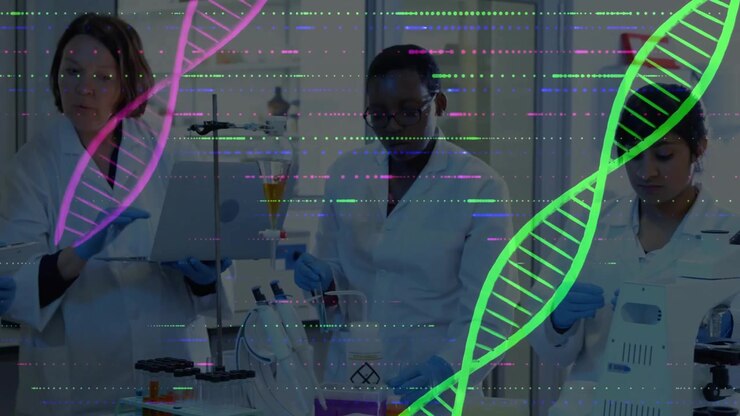 Vertical video: Lab team starting prep for assay after pipette demo, with DNA overlays near samples