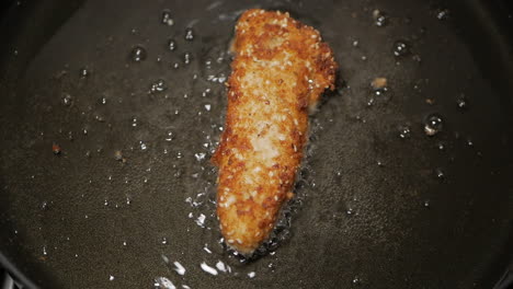 Single-crumbed-breast-chicken-tenderloin-fried-in-peanut-oil-in-a-pan