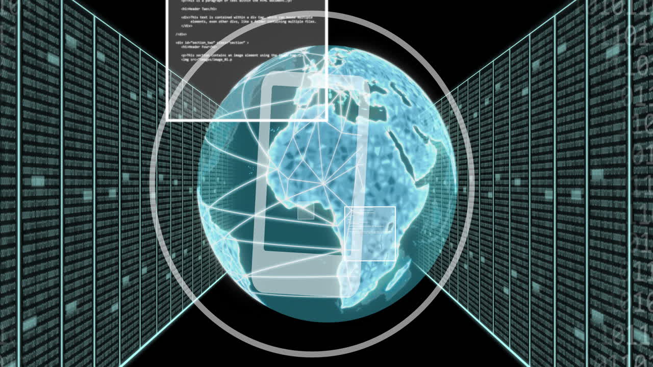 globo digital con conexiones de red y procesamiento de datos animación sobre código