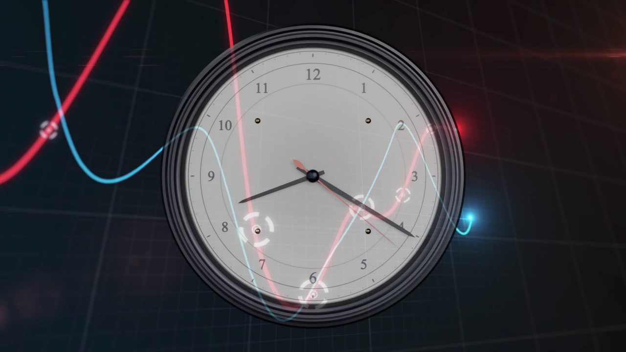 Clock sitting center red-blue waves entering left, nodes passing face, hands sweeping, showing sync