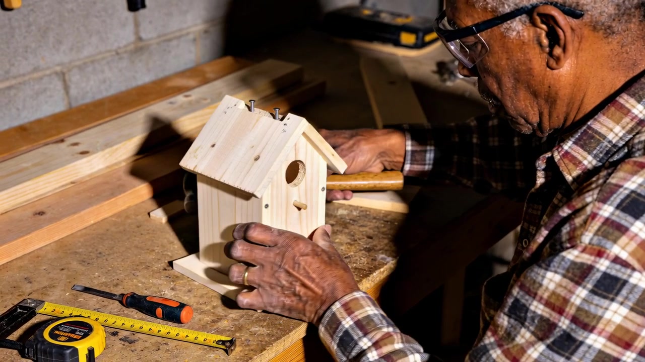 Placing birdhouse, senior carpenter in flannel using hammer tapping nails securing roof, copy space
