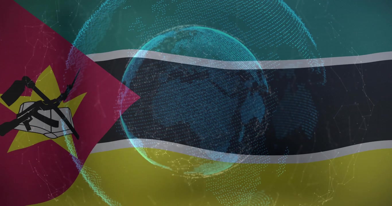 All'avvio, bandiera del Mozambico che funge da base, globo olografico che appare, anelli che pulsano, mostrando unità.