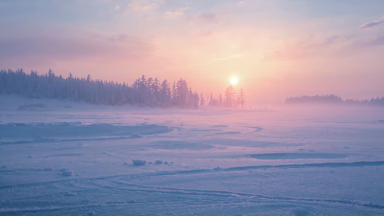 Brightening sun rising, illuminating frozen lake surface, revealing treeline, mist, track marks