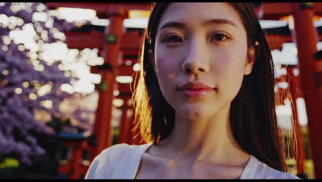 woman in front of a japanese torii gate during cherry blossom season