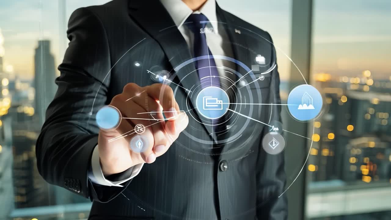 네트워크에 연결하기 위해 디지털 인터페이스를 사용하는 사업가