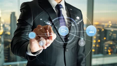 empresario que utiliza una interfaz digital para conectarse a la red