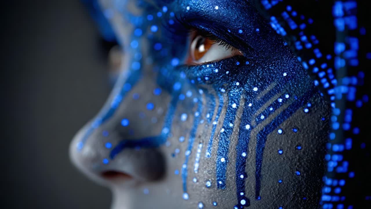 Un ritratto affascinante di un essere mistico con elaborati disegni blu sul viso e dettagli luminosi che mettono in risalto espressioni ed emozioni