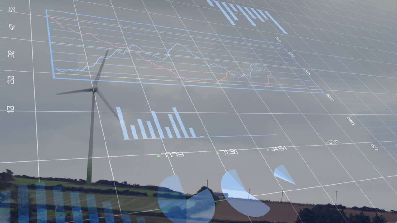 다중 그래프의 애니메이션, 변하는 숫자, 로딩 서클, 하늘에 대 한 녹색 필드에서 풍차