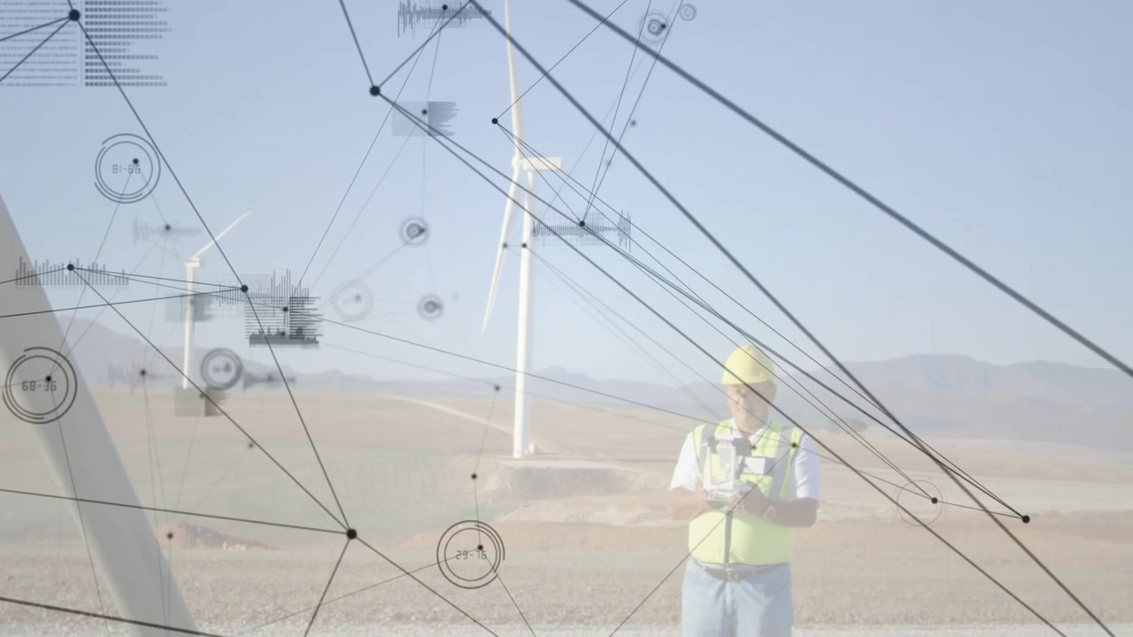 Técnico de pie en un parque eólico, nodos HUD animándose, oscureciéndolo, mostrando datos de turbinas para monitoreo