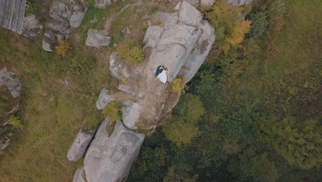 newlyweds stand on a high slope of the mountain. groom and bride. aerial view