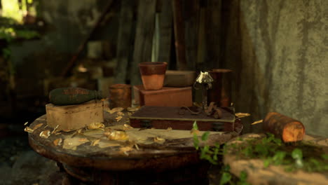an old rustic table surrounded by nature with tools and pots during daylight