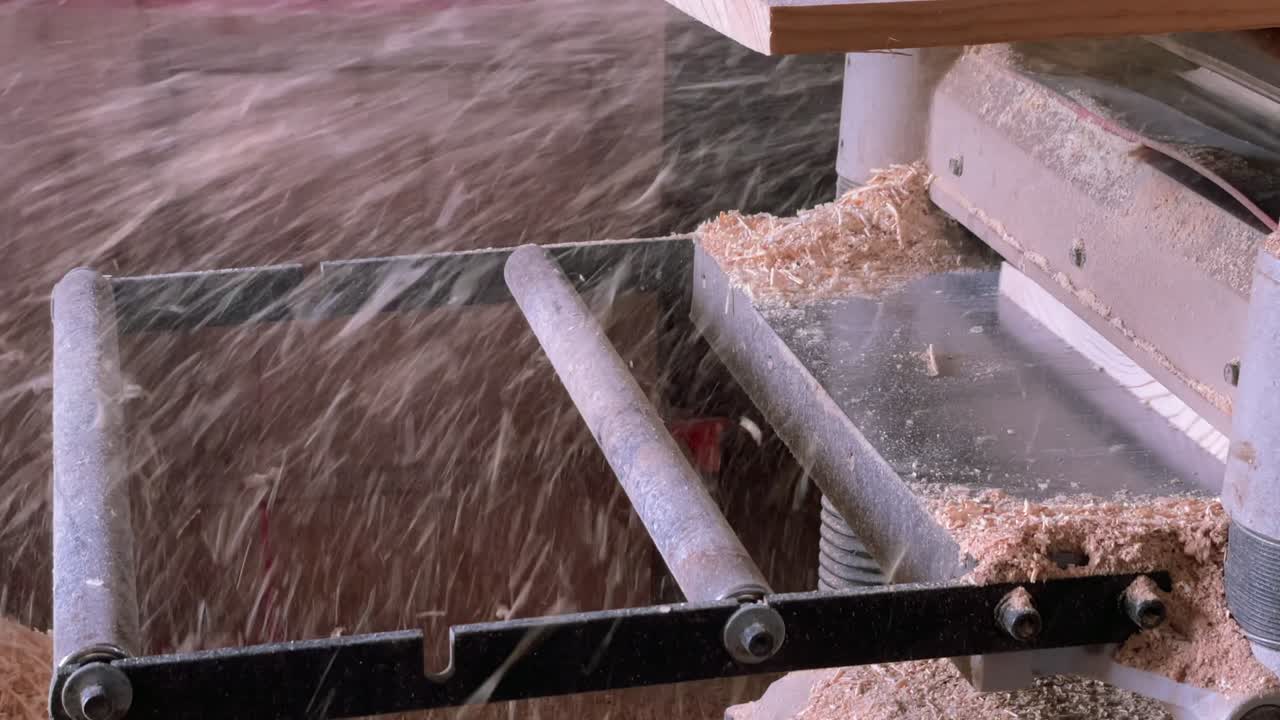 Wood boards are being sanded by an industrial sanding machine with sawdust flying around near a woodworking workshop. Static close-up shot