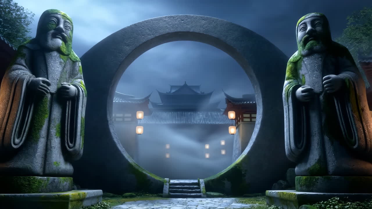 Ancient Asian Temple Gate with Monk Statues in Mist