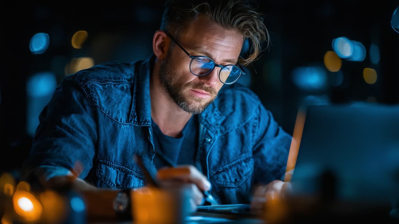 Focused Man Working Late at Night on His Laptop, Surrounded by Soft Candlelight and a Cozy Atmosphere, Engaged in Creative and Productive Tasks