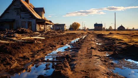 weathered house on a muddy road at dusk in a desolate rural area