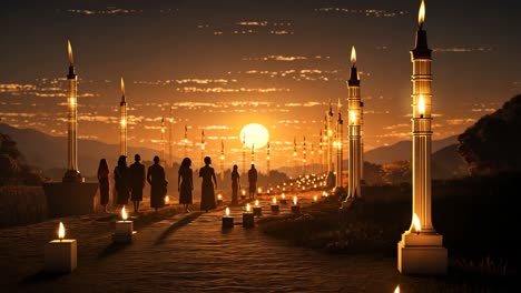 sunset walk along a candlelit path with mountain backdrop in twilight