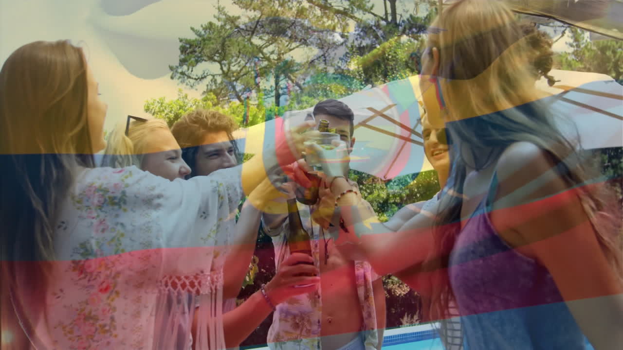 celebrando con bebidas, amigos al aire libre sobre la animación de la bandera de ecuador