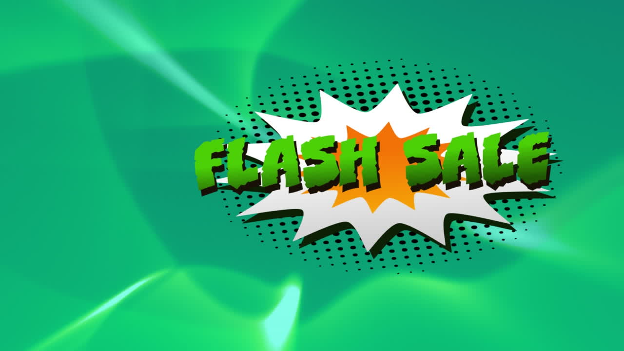 Flash sale text over retro speech bubble against digital waves on green background