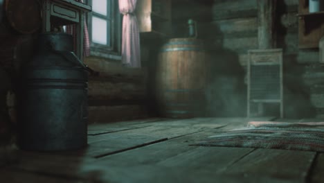 interior oscuro de una casa de troncos retro