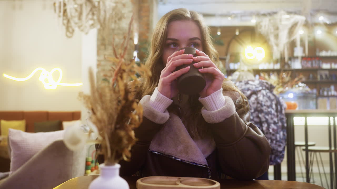 Ragazza seduta in un bar che sorseggia una bevanda, indossa una giacca shearling marrone e si gode l'atmosfera accogliente. Illuminazione soffusa, atmosfera calda e ambiente da bar che catturano uno stato d'animo calmo e rilassato.