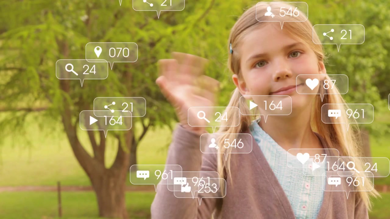 School-age girl waving in park as social badges appearing from left, responding to reactions