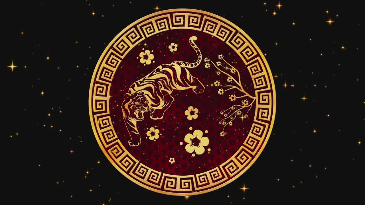 feliz año nuevo chino 2022, signo del zodiaco tigre en fondo negro con estrellas doradas. festivales chinos. animación de video 4k. feliz año nuevo 2022, año del tigre