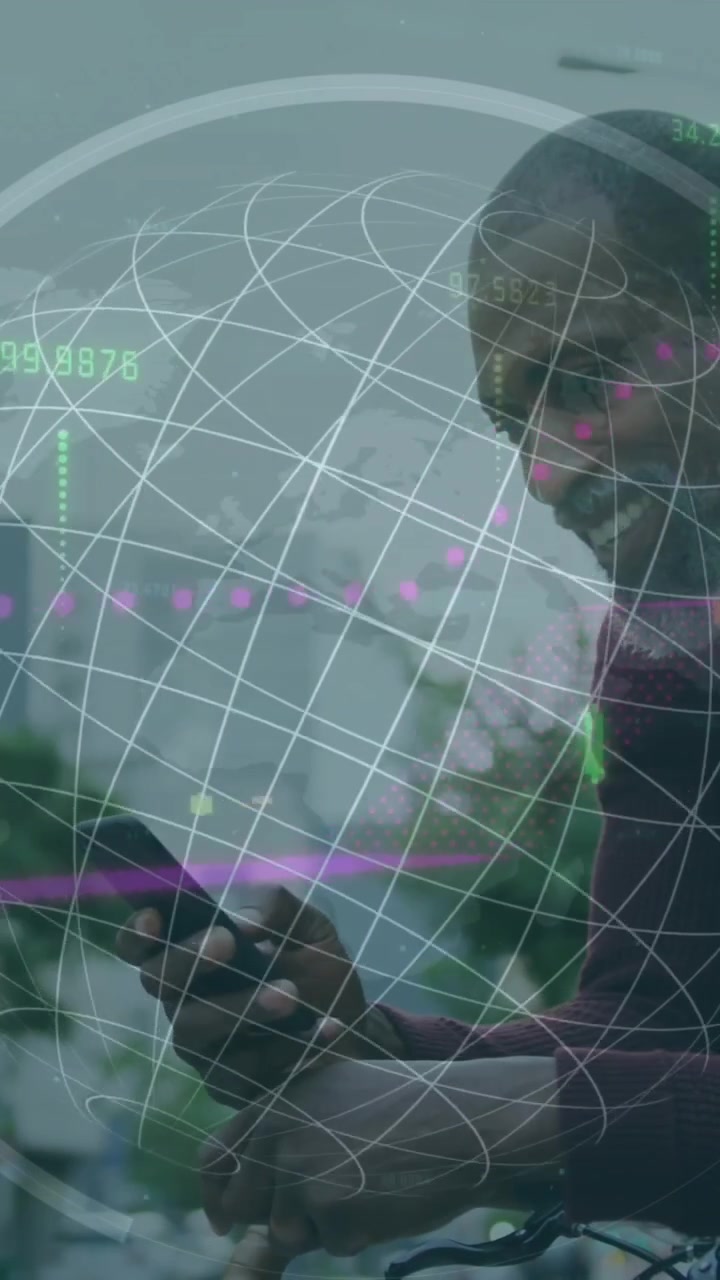 Animation of financial data processing over african american man using smartphone