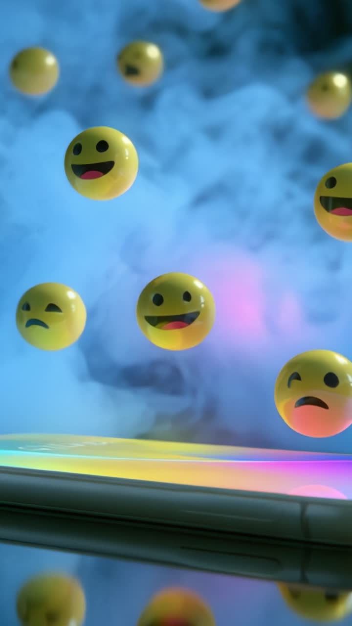 A Colorful Display of Emoticons Hovering Above a Smartphone Surrounded by Ethereal Smoke Illuminating Different Facial Expressions