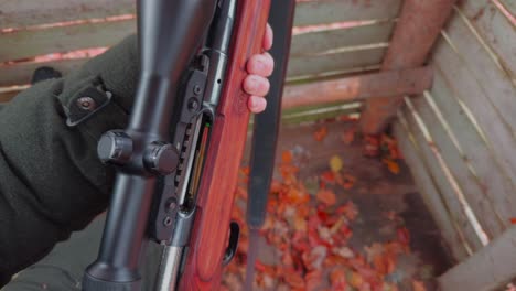 close-up, an ammunition clip is inserted into a hunting rifle, then the rifle is loaded