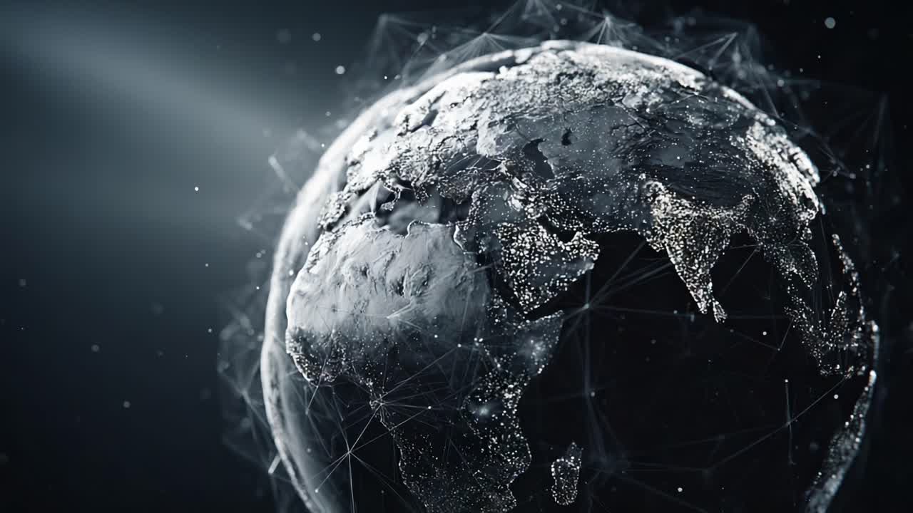 A Stunning Visualization of Earth’s Surface Illuminated by Nighttime Lights, Showcasing the Continent of Africa and Surrounding Regions with an Artistic Network of Connectivity