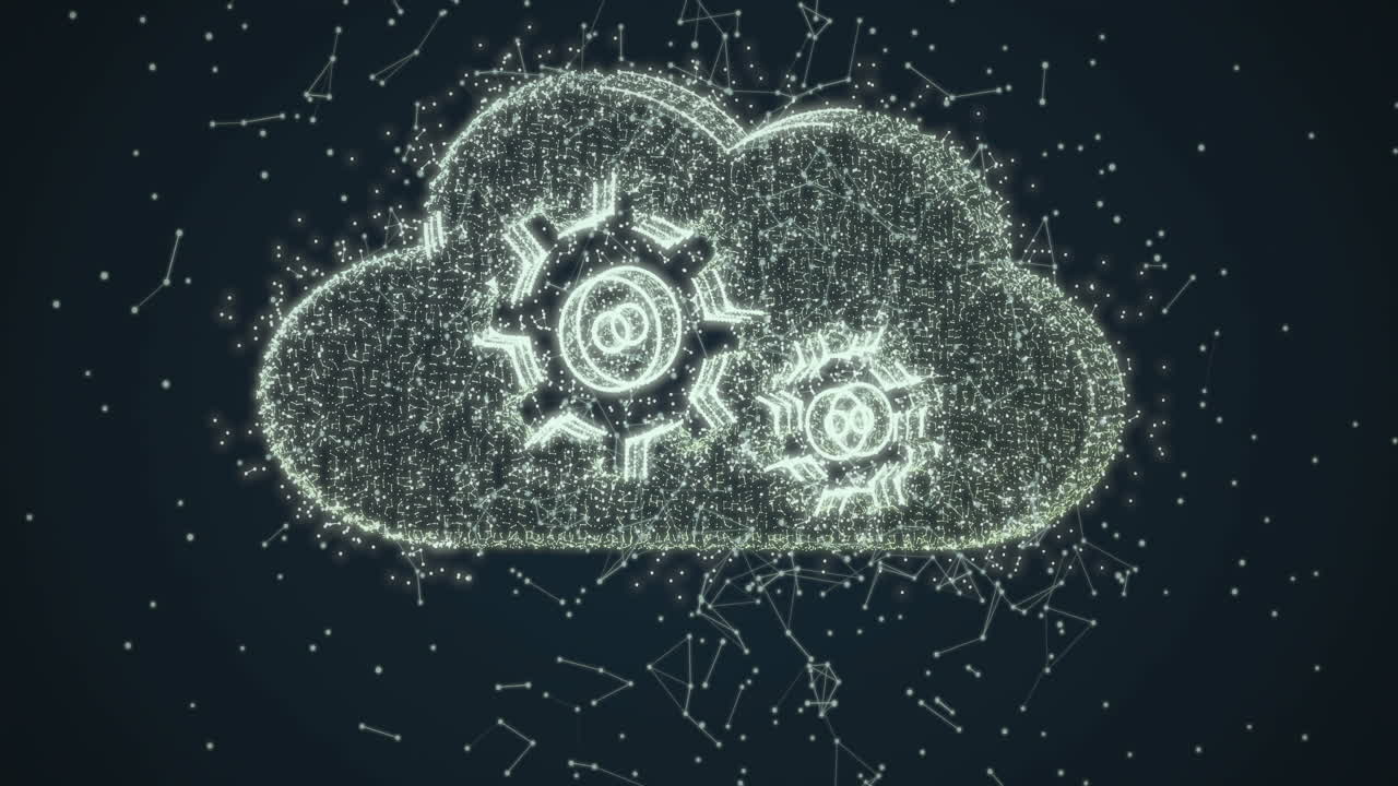 Animation of cloud and cogs digital icon with network of connections over black background