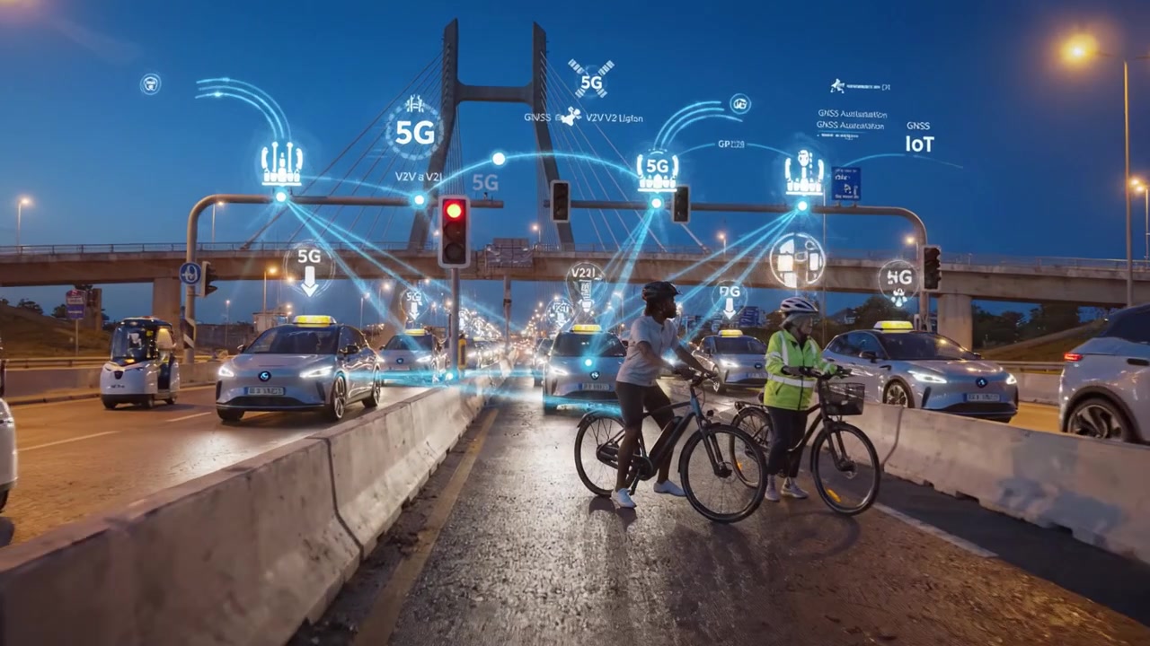 Innovative Connectivity: Exploring 5G Integration in Urban Traffic Management with Smart Technology Over a Modern Bridge at Night Featuring Cyclists