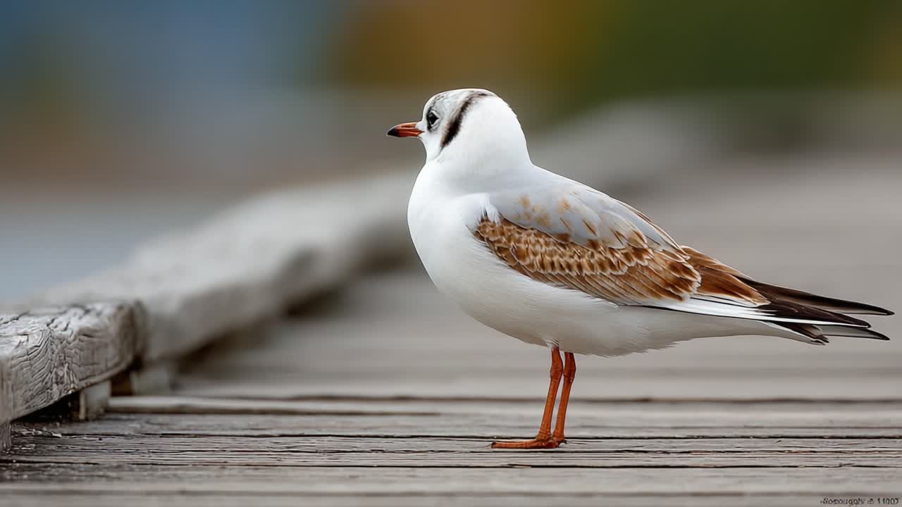 Una prospettiva ravvicinata di un gabbiano appollaiato con grazia su un molo di legno, che cattura l'essenza della fauna costiera e della bellezza naturale.