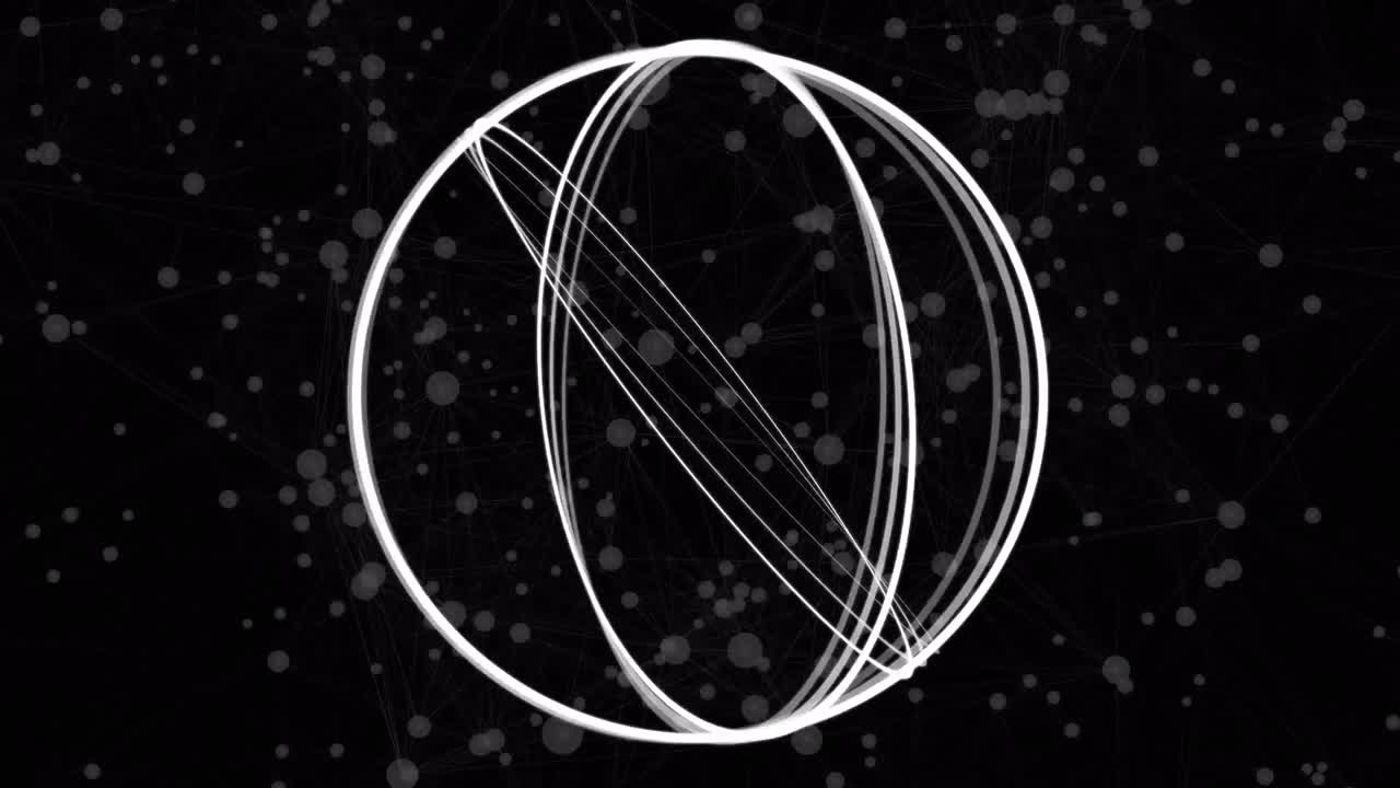 빛나는 반점이 있는 연결 네트워크 위에 회전하는  ⁇ 색 원의 애니메이션