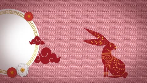 animation of rabbit and shapes over circle on red background