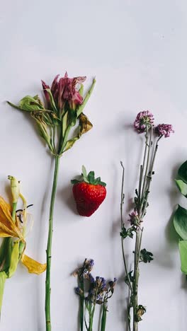 arrangement of flowers and strawberry