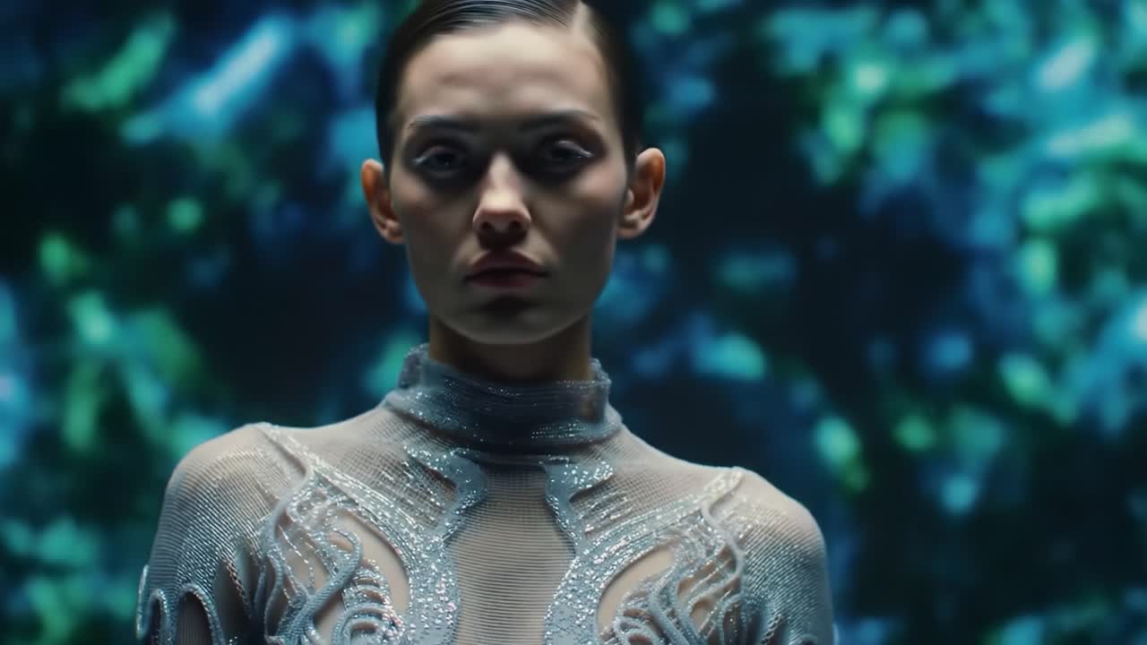 A Woman in Ethereal Elegance: Capturing the Poise and Mystery of the Modern Muse Against a Vivid Background of Shimmering Colors