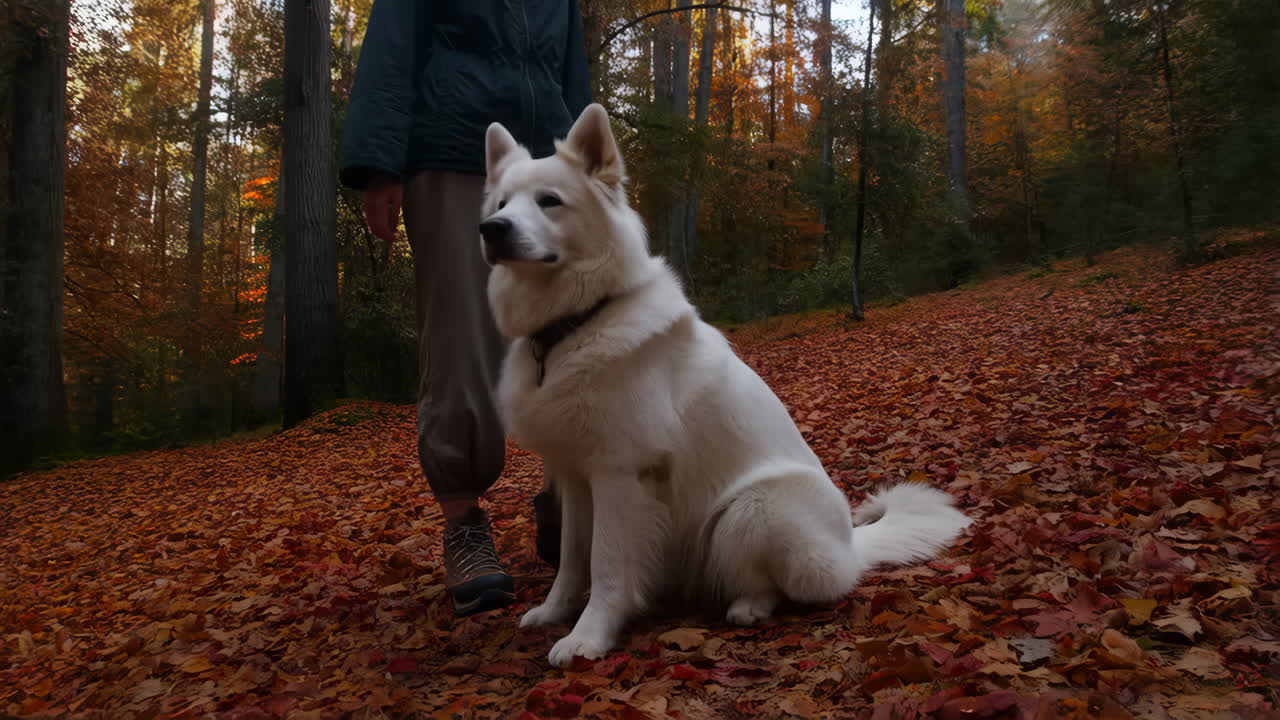 Woman walking a dog in the autumn forest