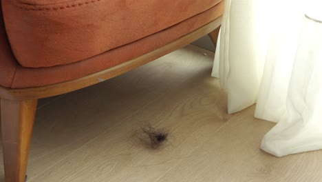 el cabello perdido en el suelo de madera