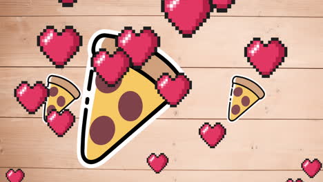 múltiples iconos de corazón rojo flotante y rebanada de pizza girando contra un fondo de madera