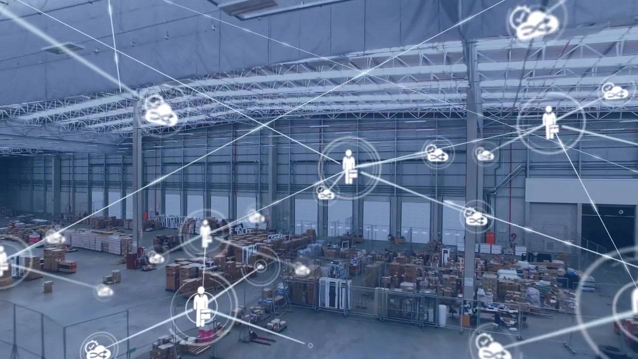 Animazione di rete di connessioni con icone su magazzino
