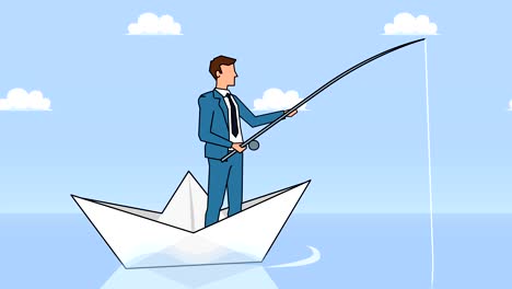 flat cartoon businessman character fisher with fishing rod floating on paper boat businesss concept animation