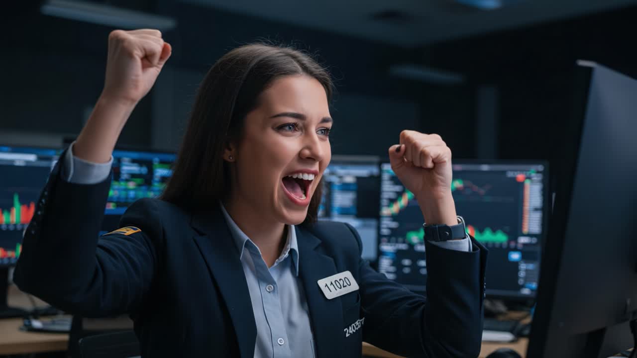 Triumphant Moment of a Stock Trader Celebrating a Successful Trade in a Modern Trading Office Environment with Multiple Monitors Displaying Market Data
