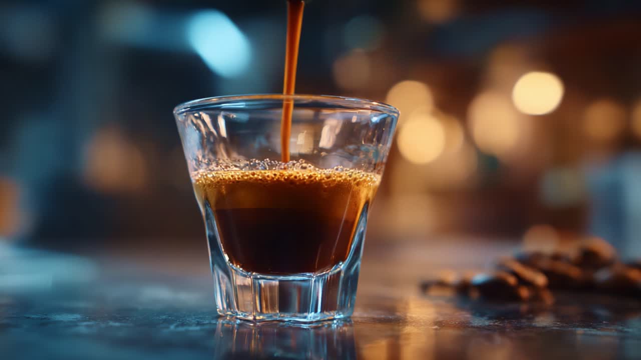Espresso aromatico versato in un bicchiere, che mette in mostra colori e texture intensi, con chicchi di caffè sfocati sullo sfondo per creare un'atmosfera invitante
